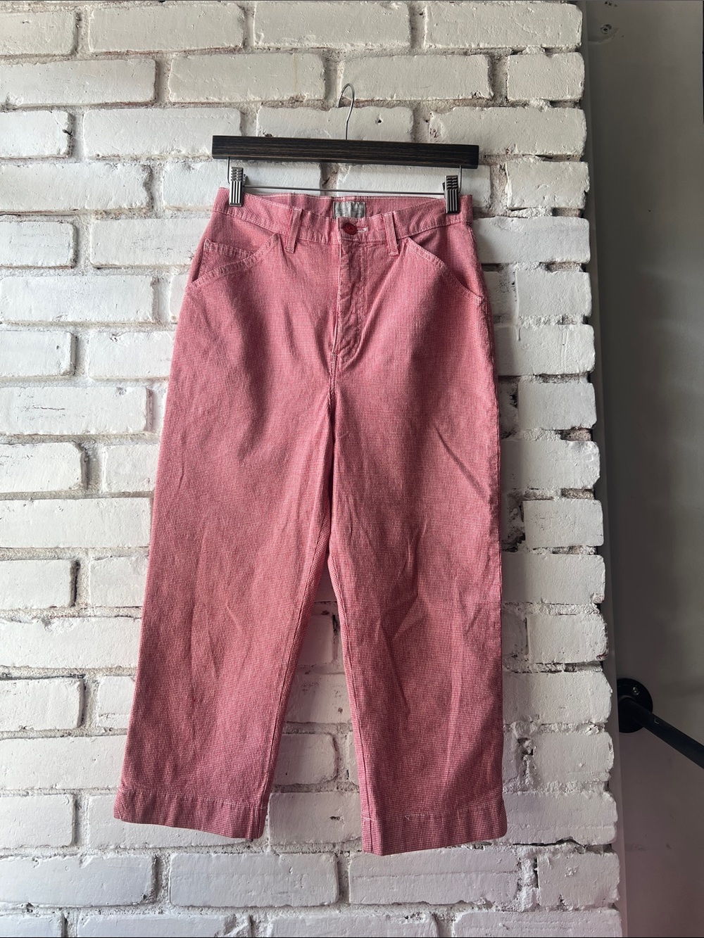 French dressing bright red Micro-Check Straight Crop Pants